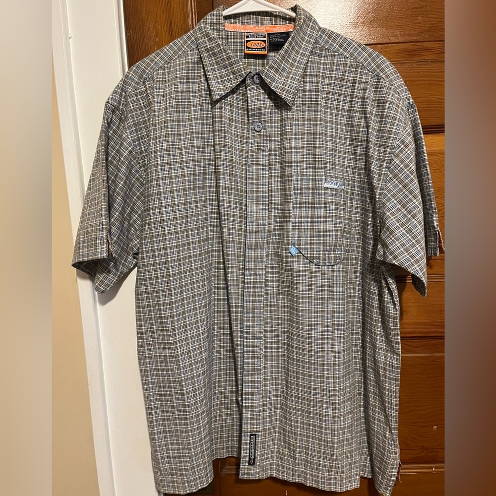 Lugz Men's Large Plaid Button Up Shirt Blue Gray 100% Cotton Short Sleeve